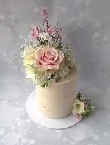 Semi naked 1 tier wedding cake with fresh flowers